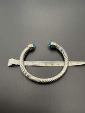 David Yurman Sterling Silver Classic 5mm Cable Bracelet &14 Ct Gold & Blue Topaz