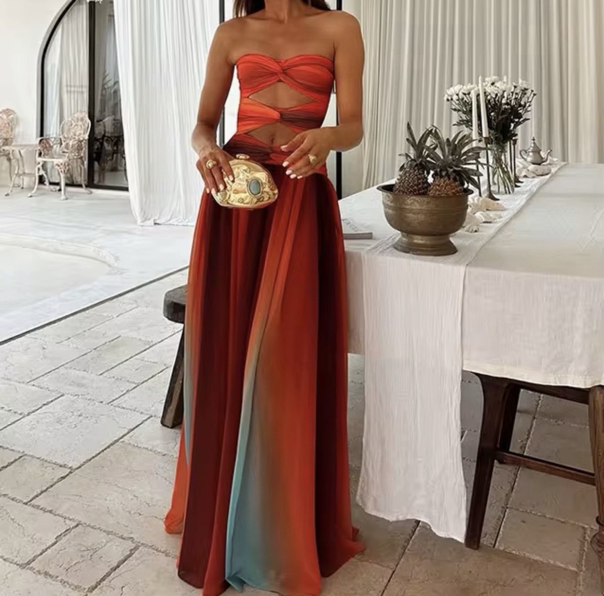 slim fit dress slacks Blue Strapless Flowy Maxi Dress main image 0