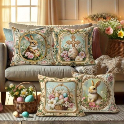 4 PCS Easter Decorative Bunny Floral Easter Egg Bunny Cushion Sets