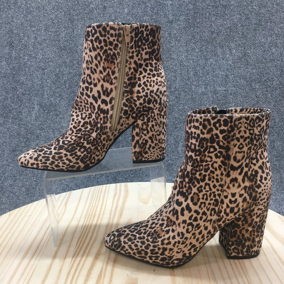 Botas de azúcar para mujer 7 Evvie cremallera lateral estampado animal botín de tela marrón tacones Foto 2 de 4