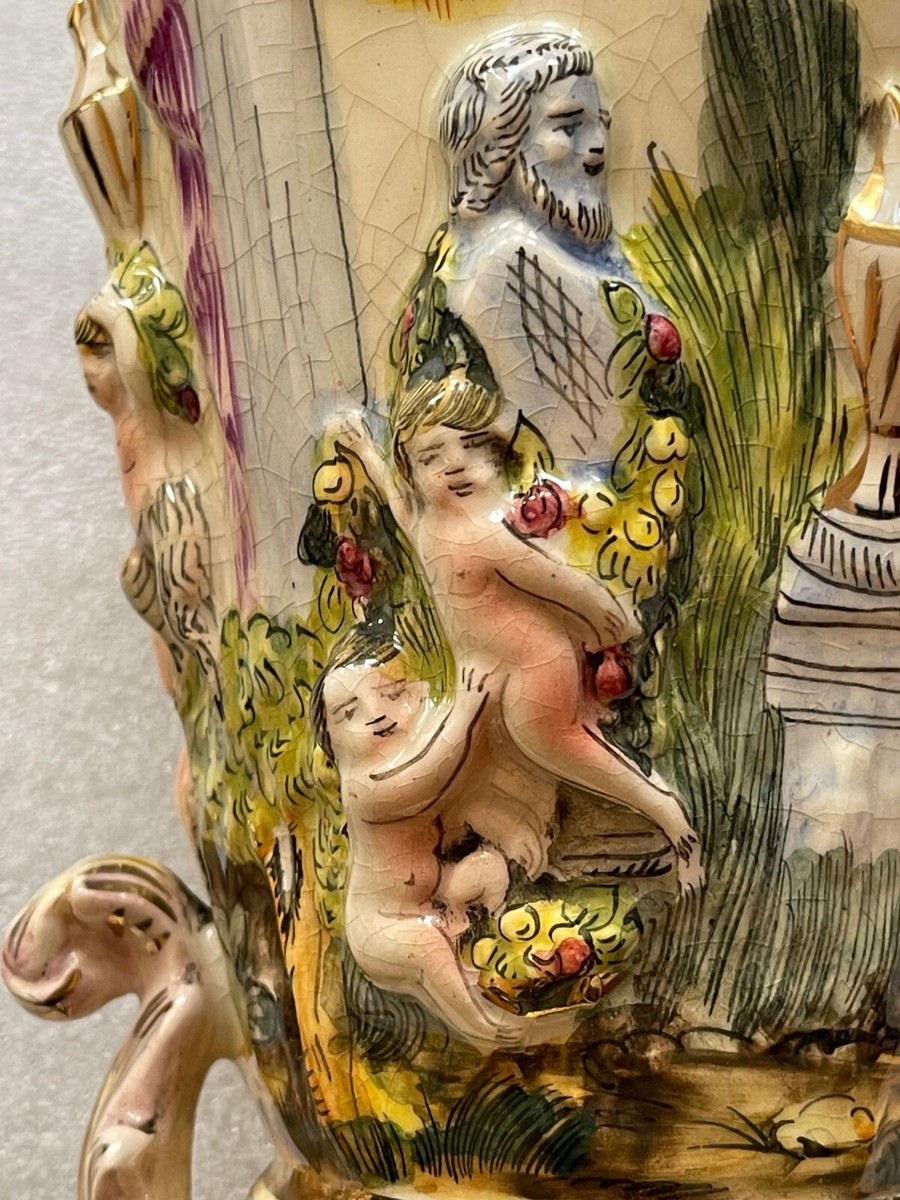 CAPODIMONTE ITALY LARGE CHERUB RELIEF VASES, GILDED, 1940'S