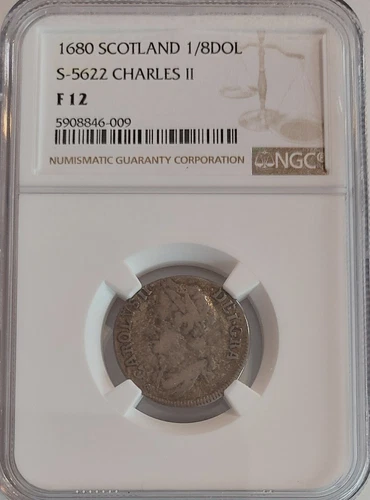 SCOTLAND 1680 Charles II 1/8 Dollar Scarce FINEST Graded NGC F12 - POP ONLY 1