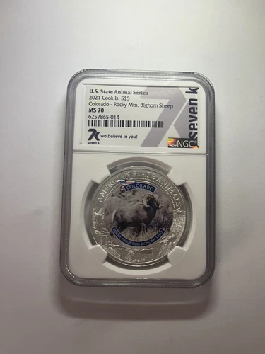 2021 Cook Islands $5 U.S. State Animal Colorado Rocky Mtn Bighorn Sheep NGC MS70