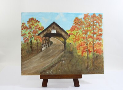 Finished Folk Art Painting Covered Bridge in Fall, Unframed, Unknown Artist