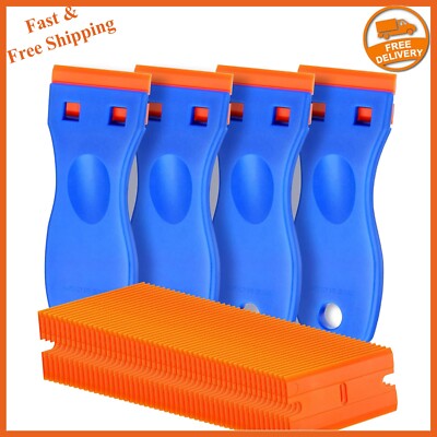 4 Pcs Plastic Razor Blade Scraper and 100 Pcs Blades, Remove Label Decal Tool