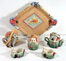 Vintage 1995 Prissy Kitties Miniature Tea Set 9 Pcs Cat Kittens Floral Hat