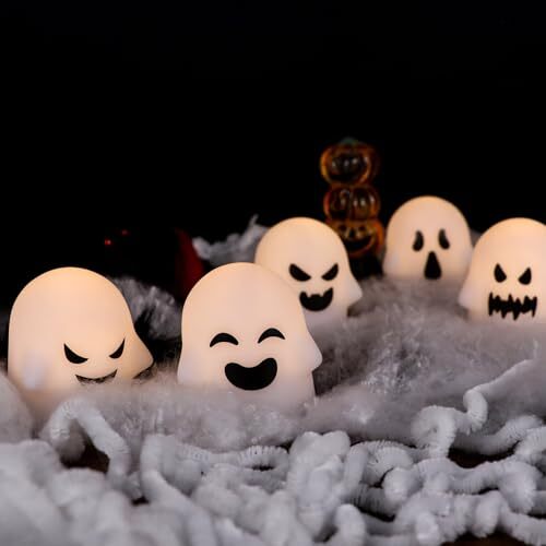 Ghost Halloween Dekorationen flammenlose Kerzen mit Fernbedienung Timer, 6er-Pack weiß - Bild 6 von 7