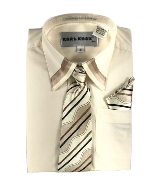 Karl Knox Boys Ivory Dress Shirt Brown Beige Black Tie Hanky Long Sleeve Size 4T