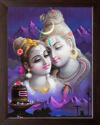 Lord Shiva Und Devi Parwati Gemälde HD Gedrucktes Bild Mit Holzrahmen