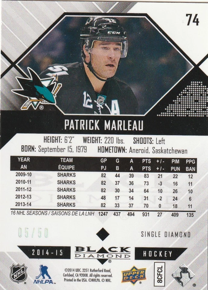 PATRICK MARLEAU 2014-'15 BLACK DIAMOND RUBY PARALLEL 5/50 - Image 2 of 2