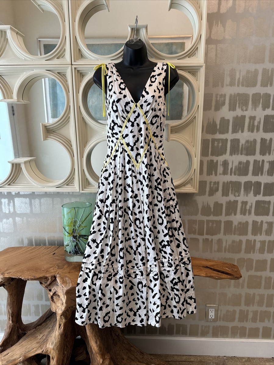 Self-Portrait Black & White Animal Print Yellow Trim Midi Dress Retail $470 2 Self-Portrait Black & White Animal Print Yellow Trim Midi Dress Retail $470 2