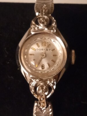 Vtg. Ladies Diamond Chip Dorset 17 jewel Wristwatch   Med-Sm Stretch Wrist Band 