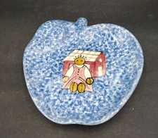 Los Angeles Pottery Candy Dish Apple Shape Blue White Sponge-ware doll house