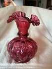 Fenton Cranberry Glass Ruffled Melon Vase Beaded Optic Rim 6 In Vintage Vase Big
