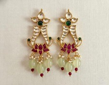 Gold Plated Kundan Earrings, Lotus Design, Indian Bridal Jewelry