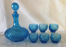 Empoli Genie Optic Diamond Point Peacock Blue Decanter w/ 6 Glasses MCM Italy