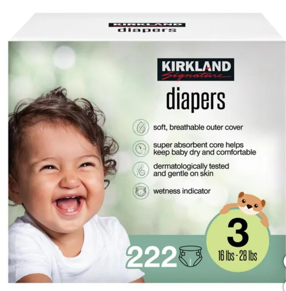 Kirkland Signature Diapers, Size 3 (16-28 Pounds), 222 Count