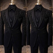 Appliques Men Suits Shiny Beading Tuxedo Formal Outfits for Wedding Prom Banquet