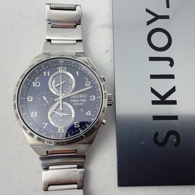 Exc+5] SEIKO WORLD TIME SOLAR V195-0AE0 Black Chronograph Men's