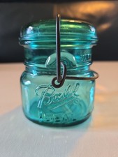 Vintage 1/2 Pint Ball Ideal Mason Jar Bicentennial Eagle Teal w/ Wire Bail & Lid