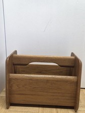 Vintage Oak Wood Magazine Rack Double Caddy Cutout Handle Mid Century Storage