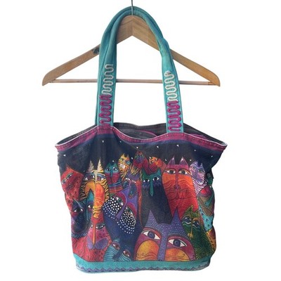 Laurel Burch Fantastic Felines Cat Canvas Tote Bag Thrashed Distressed Shoulder