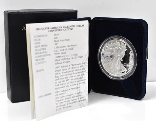 2001 West Point Silver Proof American Eagle 1 oz 999 Fine Silver w/Box & COA