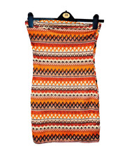 Hippie, Boho Strapless Knitted Orange & Multicoloured Aztec Print Mini Dress-S12