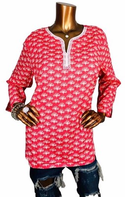 Talbots XL Top Low V Cut Pink White Print Shirt Soft 3/4 Slv Blouse Tunic