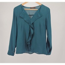 The Limited Green Ruffle Front V-Neck Long Sl...