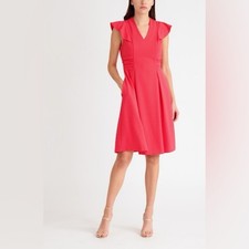 Tahari ASL Watermelon Side Ruched Flutter Sleeve Midi Dress - Size 10, NWT