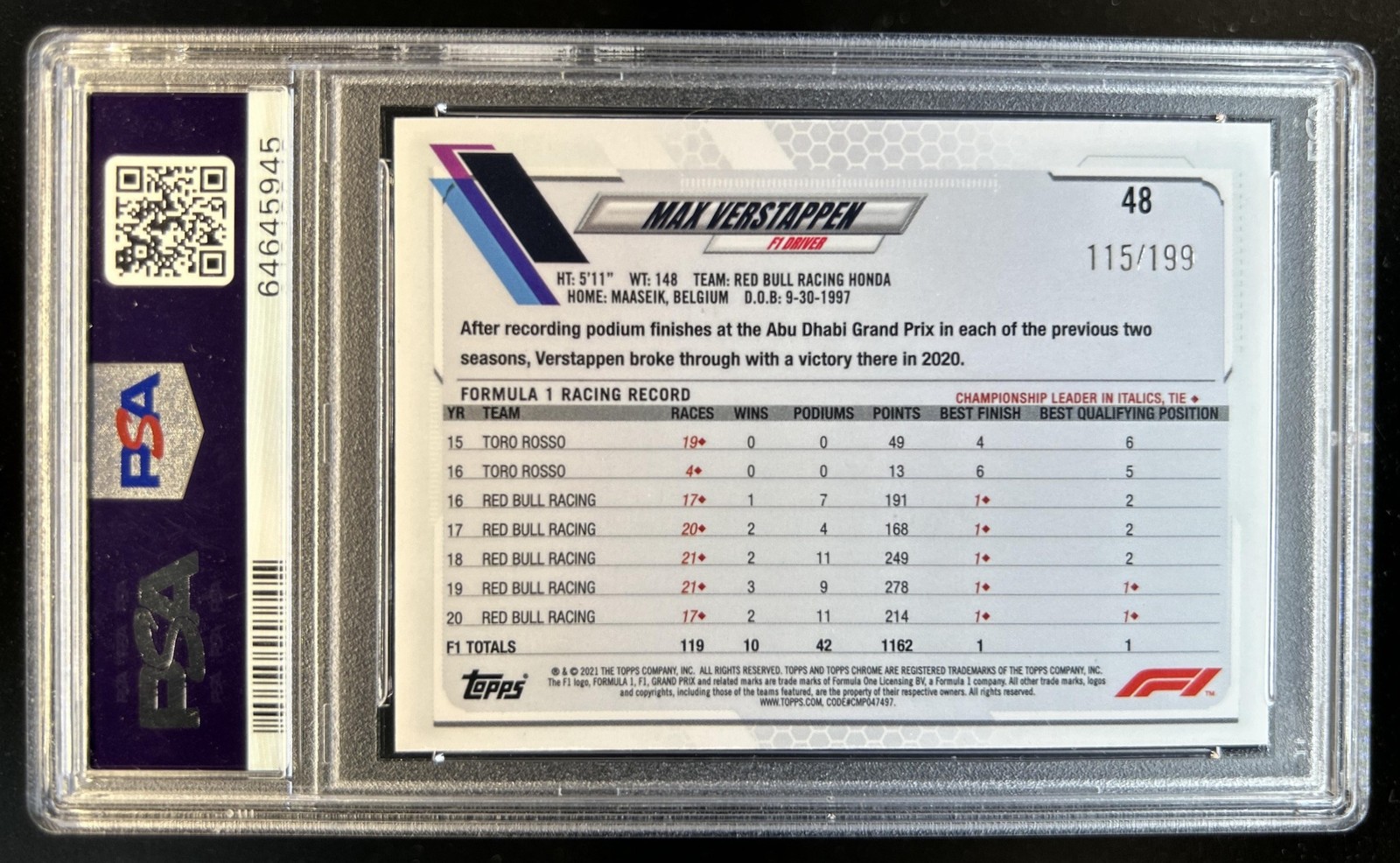2021 Topps Chrome F1 Max Verstappen Purple Checker Refractor #/199 PSA 10 view 2