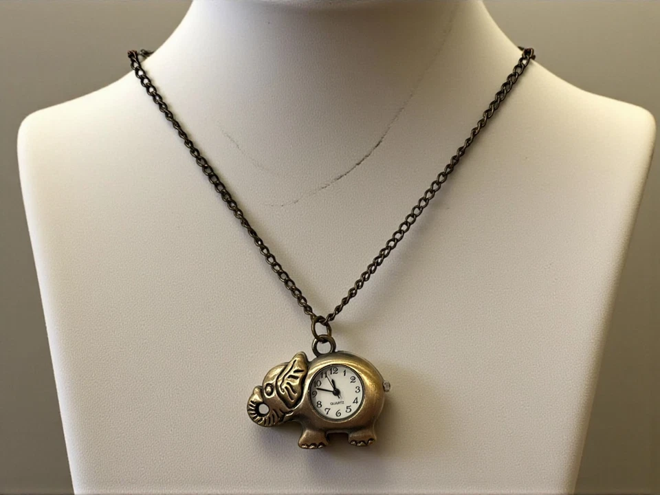 Vintage Bronze Elephant Pendant Watch Necklace – Cute Quartz Timepiece Jewelry - Image 2 of 4