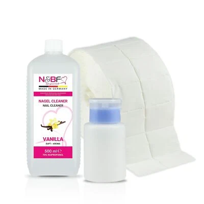 NAILS & BEAUTY FACTORY N&BF Nagel Cleaner Vanilleduft 500ml Iso 70% 1000 Zelletten 150ml Dispenser Blau