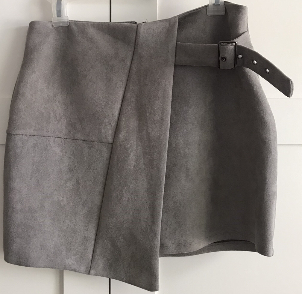 Grey Suede Mini Skirt with Large Buckle Belt