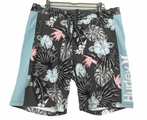 Hurley Stretch Board Shorts Swim Trunks Mens Blue/Grey Floral NWT Size 36 - Afbeelding 1 van 16
