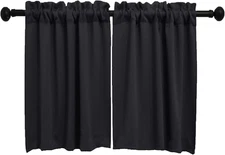 Black Half Window Cafe Curtains, 36" Length, Rod Pocket, 2 Panels