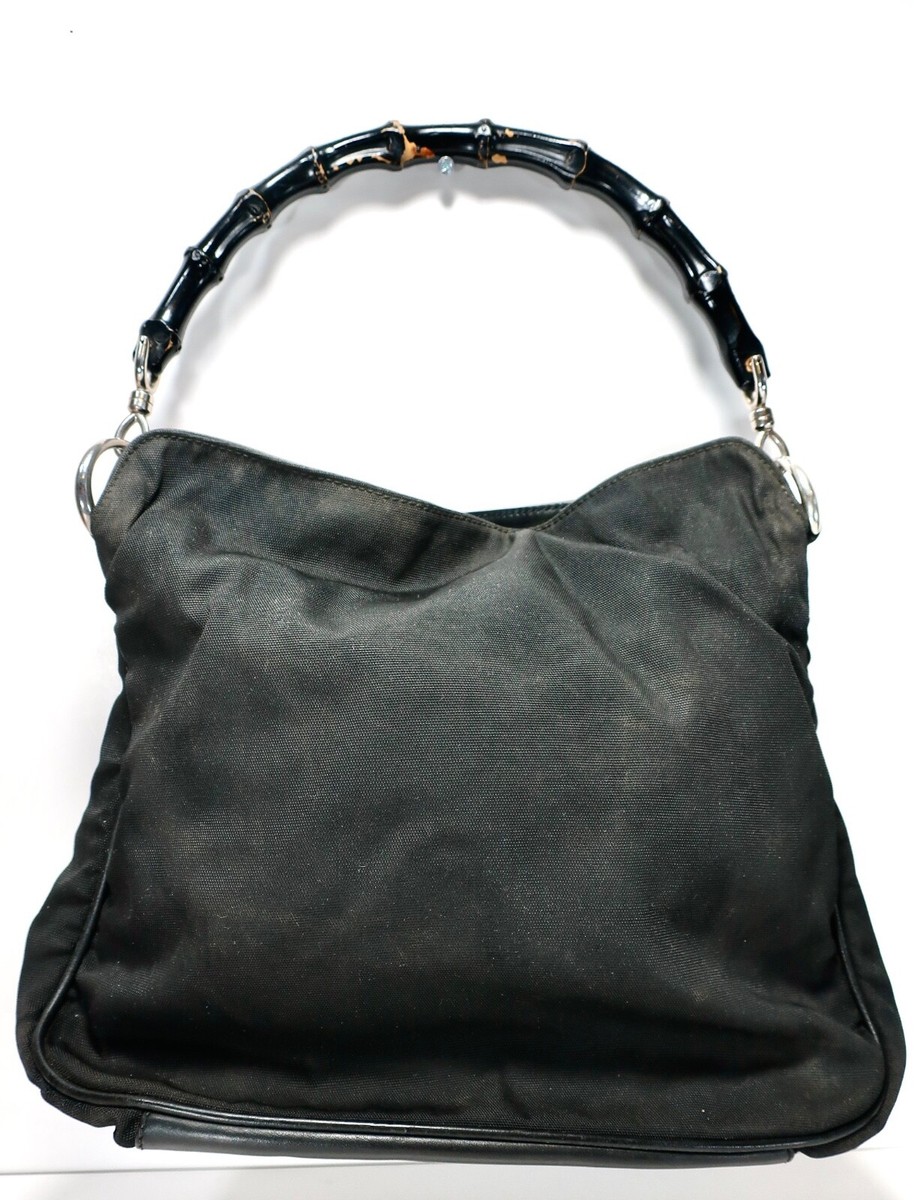 Vintage GUCCI Black Nylon Leather Tote Bag Black Bamboo Handle | eBay