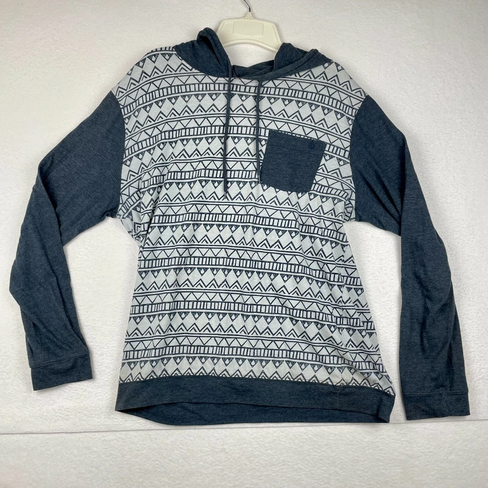 Volcom Sweater Mens Large Hoodie Gray Pullover Geometric Design Pocket - Image 2 of 4