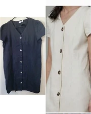 Oak + Fort Short Cap Sleeve Button Front Mini Dress Linen Blend Black Size XL