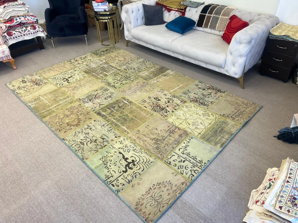 Contemporary Handmade Turkish Wool Patchwork Rug in Shades of Green - Image 2 of 4