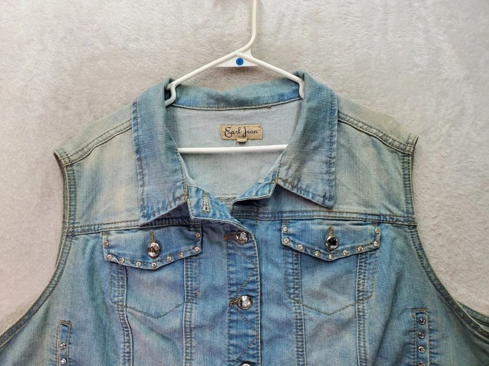 Earl Jean Vest Women's 22/24 Blue Denim Studded Pockets Collared Button Front - Image 3 of 4