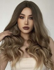 Perruque Synthétique Longue Brun Châtain Clair Bouclé FR Ondulé +4 Bonnet OFFERT