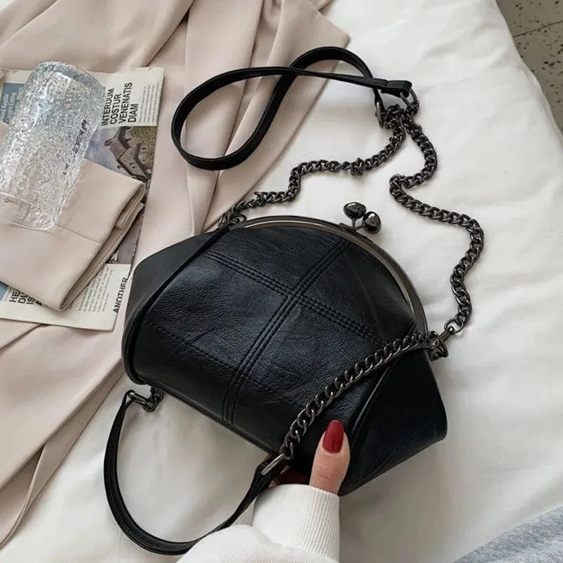 Small Leather Kiss Lock Shoulder Bag With Crossbody Strap 