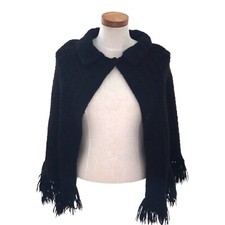 Vintage 1970s Women s Handknit Black Acrylic Poncho Button Front OS 21" Long