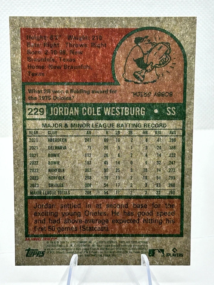 2024 Topps Heritage Jordan Westburg RC Silver /375 Baltimore Orioles Rookie #229 - Image 2 of 2