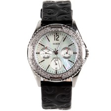 NEW GUESS BLACK LEATHER+CRYSTAL,MOP DIAL,MULTI FUNCTION,WATERPRO WATCH-G96022L