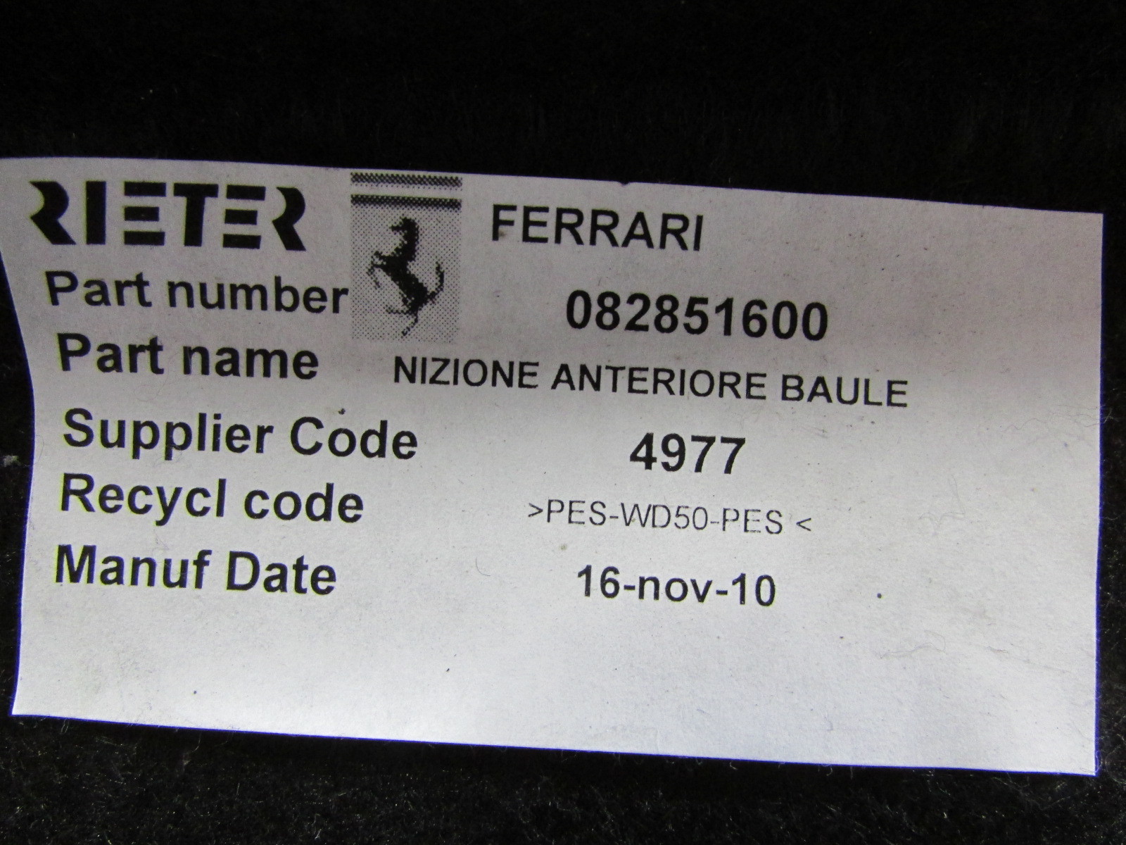 Ferrari California, Front Upper Trunk Carpet, Used, P/N 82851600