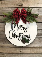 Merry Christmas welcome Door Sign with Pinecone 16" White Wood Buffalo Plaid Bow