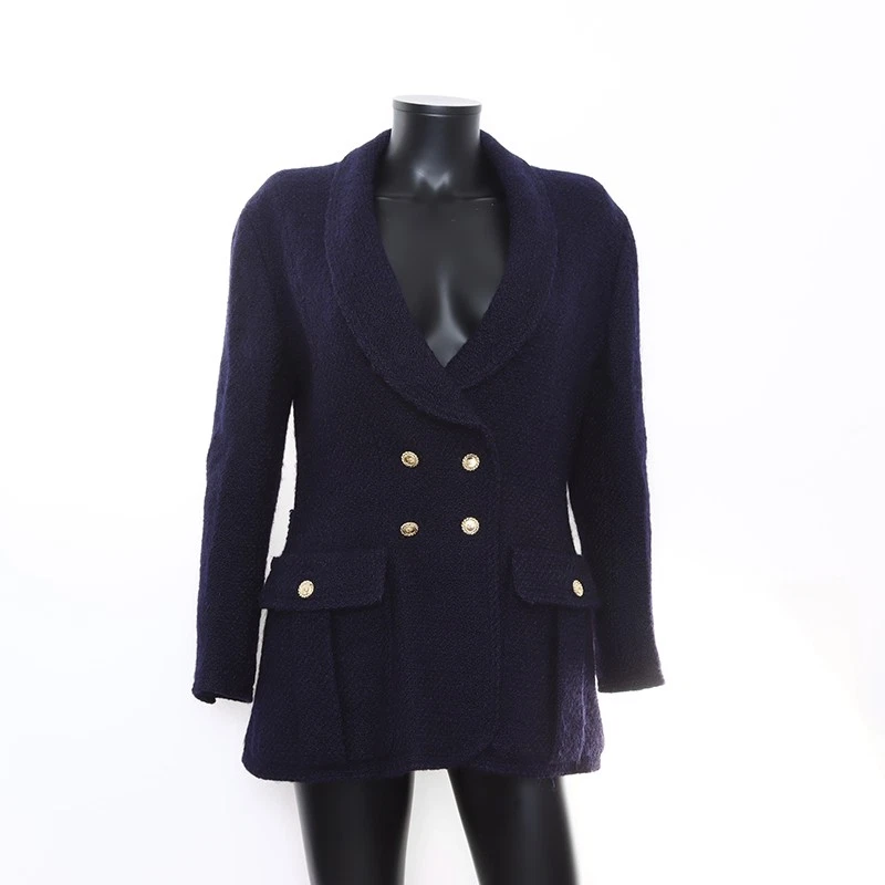 Giacca doppiopetto CHANEL anni 90 cotone marca COCO blu navy WS7061